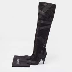 Chanel Black Suede and Grosgrain CC Cap Toe Knee Length Boots Size 39