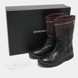 Chanel Black/Burgundy Leather CC Mid Calf Boots Size 39.5