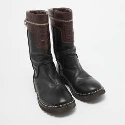 Chanel Black/Burgundy Leather CC Mid Calf Boots Size 39.5