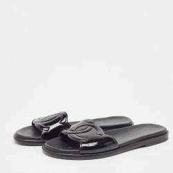 Chanel Black Patent Leather CC Flat Slides Size 39.5