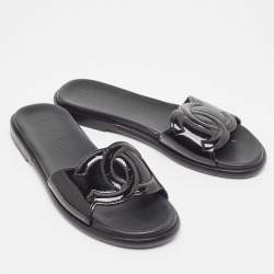 Chanel Black Patent Leather CC Flat Slides Size 39.5