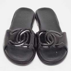 Chanel Black Patent Leather CC Flat Slides Size 39.5