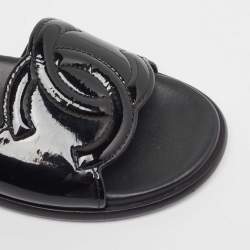 Chanel Black Patent Leather CC Flat Slides Size 39.5