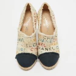 Pre Owned Chanel Beige/Navy Blue Graffiti Canvas Espadrille Pumps Size 38