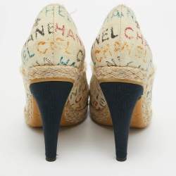 Pre Owned Chanel Beige/Navy Blue Graffiti Canvas Espadrille Pumps Size 38