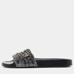 Chanel Metallic Lace and Suede CC Chain Tropiconic Slides Size 41