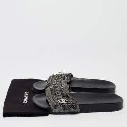 Chanel Metallic Lace and Suede CC Chain Tropiconic Slides Size 41