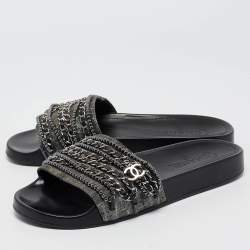 Chanel Metallic Lace and Suede CC Chain Tropiconic Slides Size 41