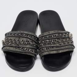Chanel Metallic Lace and Suede CC Chain Tropiconic Slides Size 41