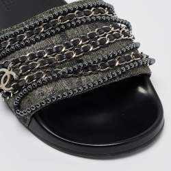 Chanel Metallic Lace and Suede CC Chain Tropiconic Slides Size 41