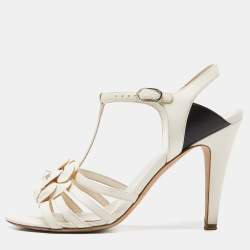 Chanel Off White/Black Leather Camellia Ankle Strap Sandals Size 37.5