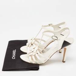 Chanel Off White/Black Leather Camellia Ankle Strap Sandals Size 37.5
