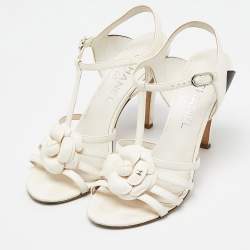 Chanel Off White/Black Leather Camellia Ankle Strap Sandals Size 37.5