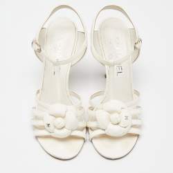 Chanel Off White/Black Leather Camellia Ankle Strap Sandals Size 37.5