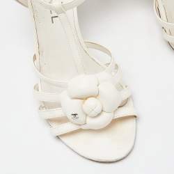 Chanel Off White/Black Leather Camellia Ankle Strap Sandals Size 37.5
