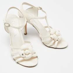 Chanel Off White/Black Leather Camellia Ankle Strap Sandals Size 37.5