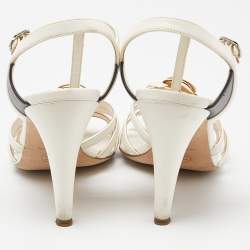 Chanel Off White/Black Leather Camellia Ankle Strap Sandals Size 37.5