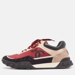 Pre Owned Chanel Tricolor Neoprene and Suede CC Low Top Sneakers Size 38.5