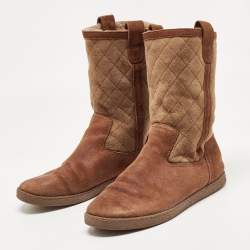 Pre Owned Chanel Brown Suede Midcalf Boots Size 39.5
