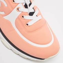 Pre Owned Chanel Coral Pink/White Neoprene CC Low Top Sneakers Size 37.5