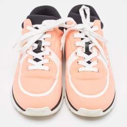 Pre Owned Chanel Coral Pink/White Neoprene CC Low Top Sneakers Size 37.5