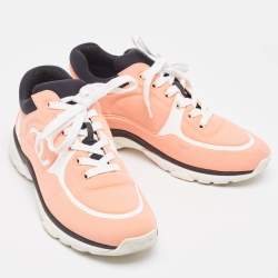 Pre Owned Chanel Coral Pink/White Neoprene CC Low Top Sneakers Size 37.5