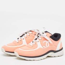 Pre Owned Chanel Coral Pink/White Neoprene CC Low Top Sneakers Size 37.5