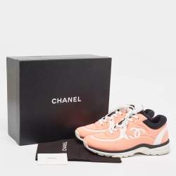 Pre Owned Chanel Coral Pink/White Neoprene CC Low Top Sneakers Size 37.5