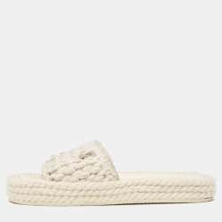 Chanel Cream Tweed  Interlocking CC logo Flat Slides Size 37 