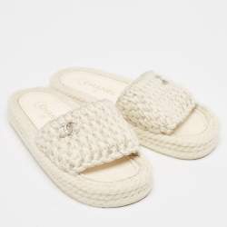 Chanel Cream Tweed  Interlocking CC logo Flat Slides Size 37 
