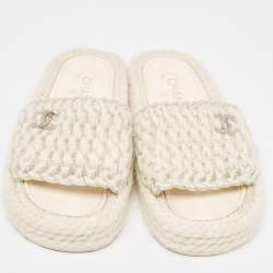 Chanel Cream Tweed  Interlocking CC logo Flat Slides Size 37 