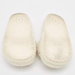 Chanel Cream Tweed  Interlocking CC logo Flat Slides Size 37 