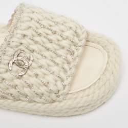 Chanel Cream Tweed  Interlocking CC logo Flat Slides Size 37 