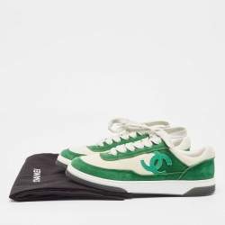 Pre Owned Chanel Green/White Suede CC Low Top Sneakers Size 37