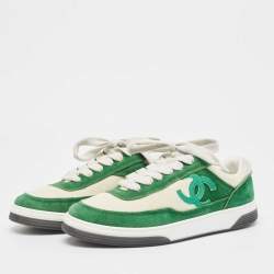 Pre Owned Chanel Green/White Suede CC Low Top Sneakers Size 37
