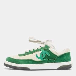 Pre Owned Chanel Green/White Suede CC Low Top Sneakers Size 37