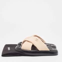 Chanel Beige Fabric Interlocking CC Logo Flat Slides Size 37