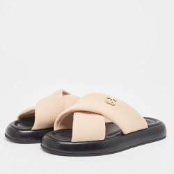 Chanel Beige Fabric Interlocking CC Logo Flat Slides Size 37