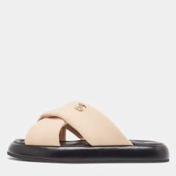 Chanel Beige Fabric Interlocking CC Logo Flat Slides Size 37