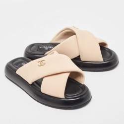 Chanel Beige Fabric Interlocking CC Logo Flat Slides Size 37
