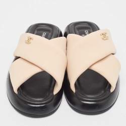 Chanel Beige Fabric Interlocking CC Logo Flat Slides Size 37