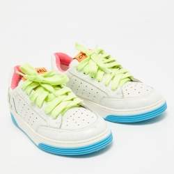 Pre Owned Chanel White/Neon Leather Logo Low Top Sneakers Size 37