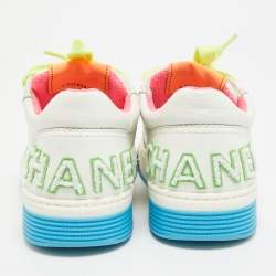 Pre Owned Chanel White/Neon Leather Logo Low Top Sneakers Size 37