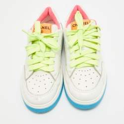 Pre Owned Chanel White/Neon Leather Logo Low Top Sneakers Size 37