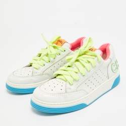 Pre Owned Chanel White/Neon Leather Logo Low Top Sneakers Size 37
