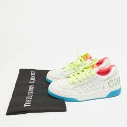 Pre Owned Chanel White/Neon Leather Logo Low Top Sneakers Size 37