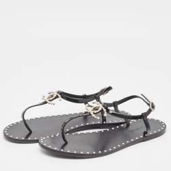 Chanel Black Patent Leather CC Pearl Embellished Thong Flats Size 42