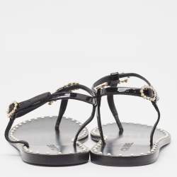 Chanel Black Patent Leather CC Pearl Embellished Thong Flats Size 42