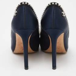 Pre Owned Chanel Navy Blue/Black Satin CC Pearl Embellished Pumps Size 37.5