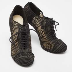 Chanel Black Lace and Suede Lace Up Ankle Booties Size 37